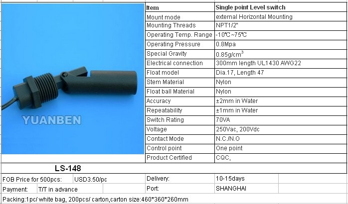 Level Switches with Plastic Material One Point