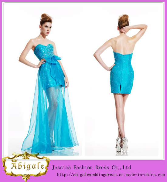 2014 New Arrival Hi-Lo Ice Blue Satin and Organza Removable Skirt Prom Dresses with Embroidery and Crystals (MN1552)