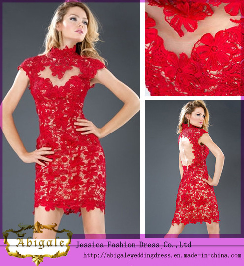 2014 New Style Sexy and Beautiful Sheath High Collar Short Sleeves Backless Red Lace Cocktail Dress Party Dress (MN1302)