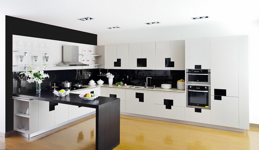 White and Black Color Lacquer Kitchen Unit