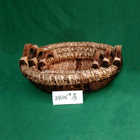 Round Willow Basket/Tray with Wooden Handles (24106# s/3)