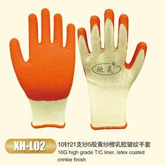 10g High Grade T/C Liner, Latex Coated Crinkle Finish, Yellow Glove, Orange Latex