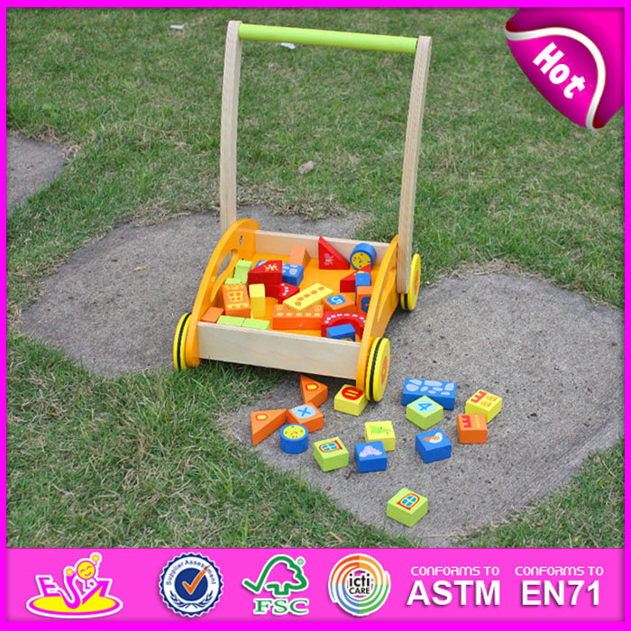 2015 High Quality Wooden Baby Walker Pull Cart Toy, Kids Wooden Pull Cart Learning Toy, Wooden Baby Cart Toy with Blocks W16e017