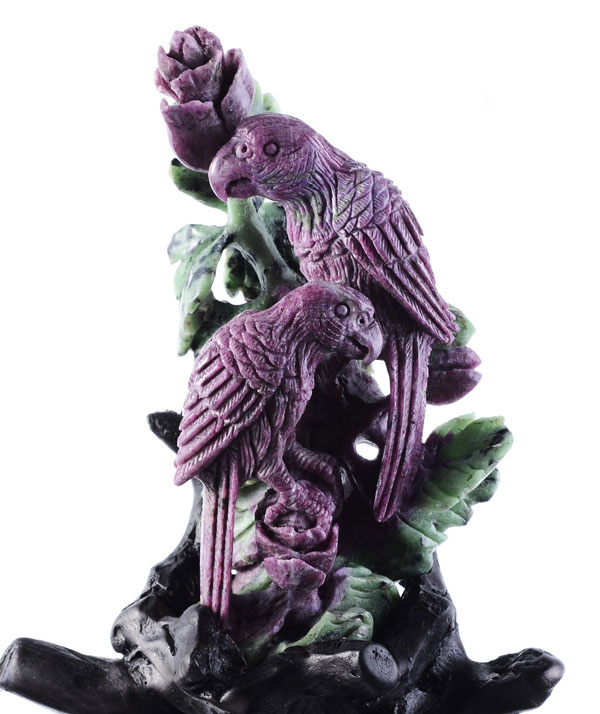 Ruby Zoisite Couple Parrots Carving Animal Sculpture (Y24)