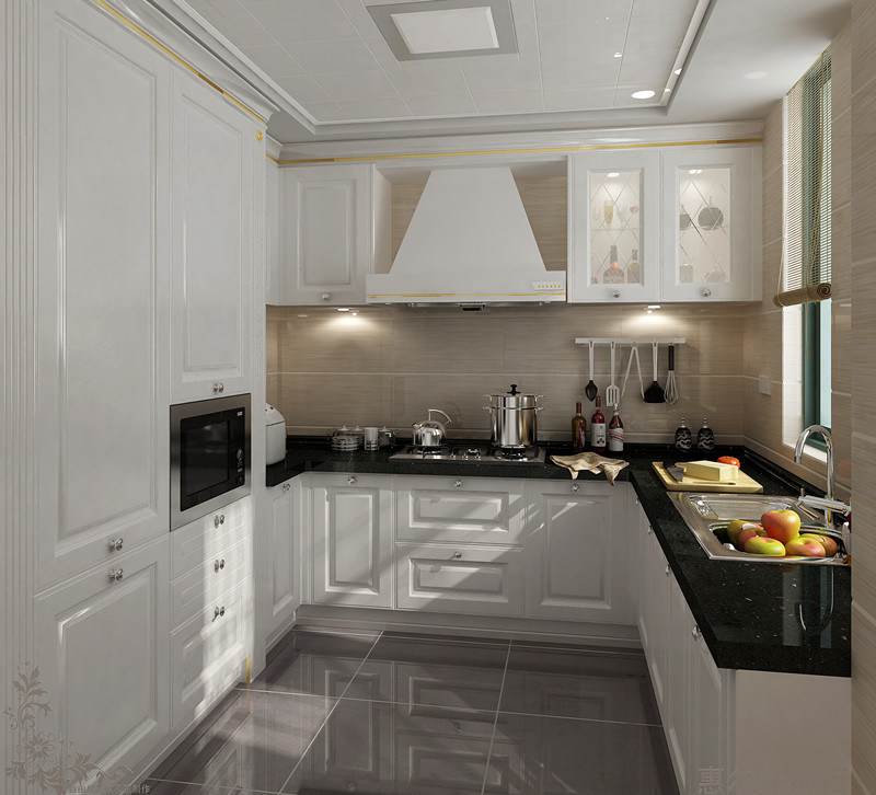 White Lacquer Door Black Quartz Stone Integrated Kitchen