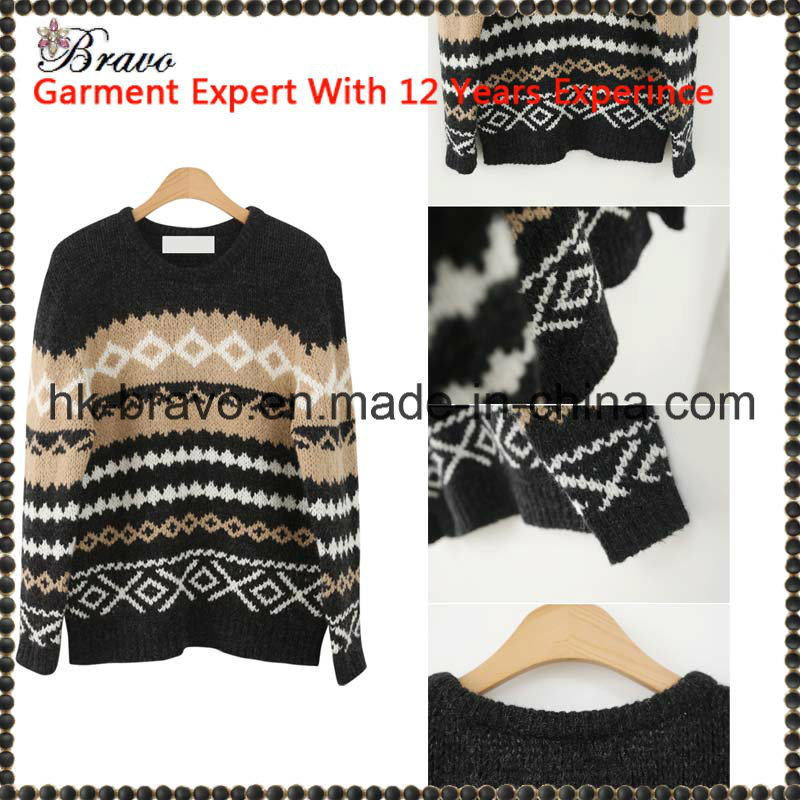 2015 Autumn&Winter New Fashion Ladies Round Neck Long Sleeve Geometric Contrast Color Pullover Knitted Garment Stock (SK413)