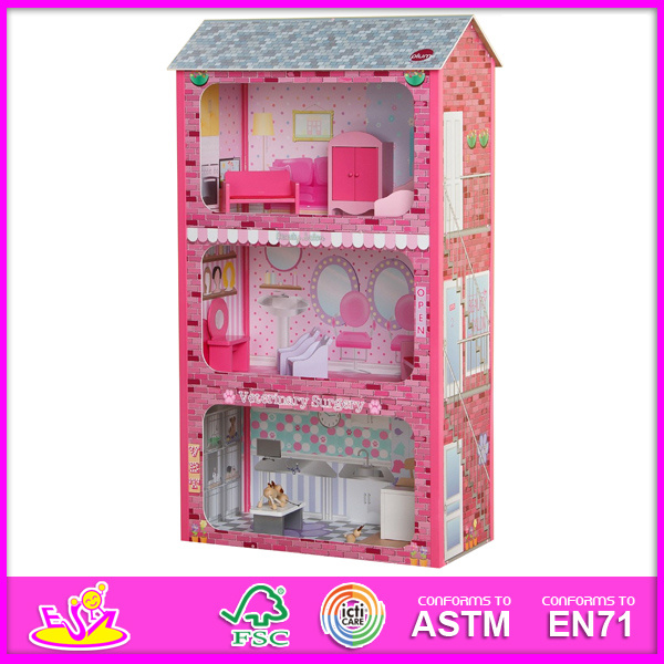 2014 New Cute Wooden Dollhouse Toy, Popular Lovely Children Dollhouse Toy, Hot Sale Pink Color Wooden Baby Dollhouse Toy W06A045
