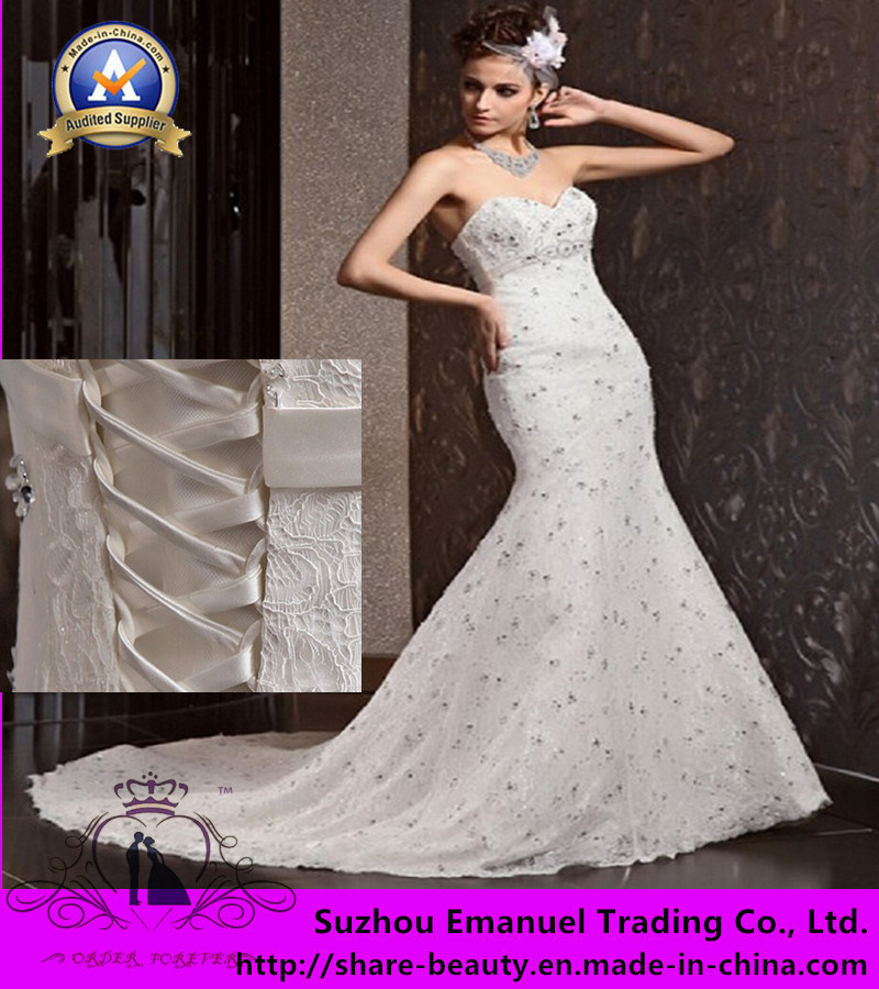 2014 New Style Modern Wedding Dresses Sweetheart Lace Beading Satin Lace-up Mermaid Court Train off The Shoulder (w004)