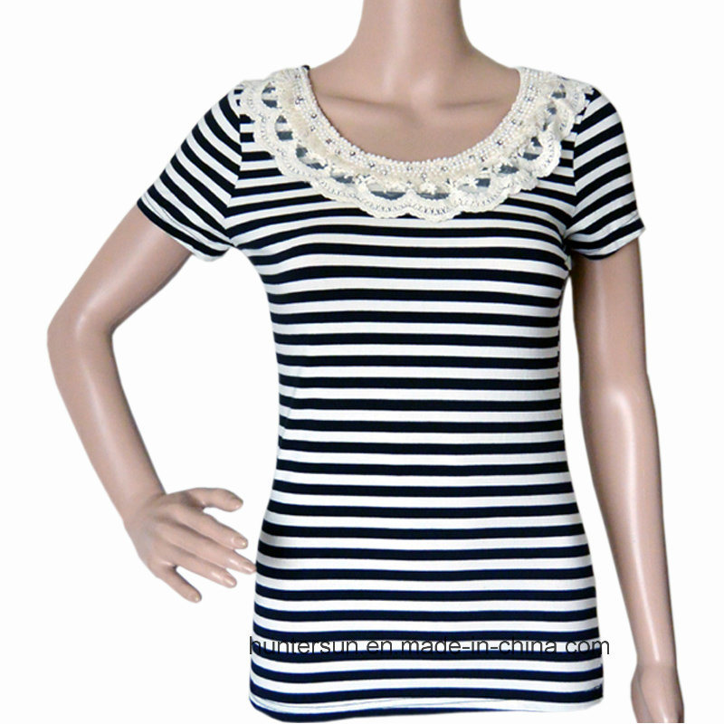Ladies Striped T Shirt with Lace and Hand Embroidered (HT2389)