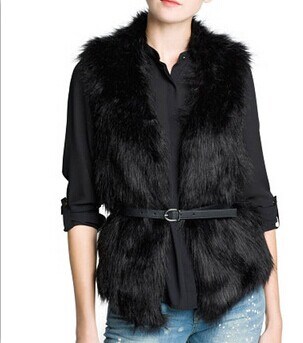 New Fashion Winter Womens Temperament Faux Fur Vest Jacket Outerwear Knitted Patchwork Waistcoat with Belt 53294