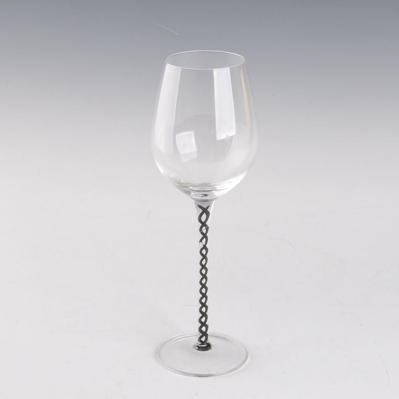 Mouth Blown Wine Glass with Stem Black Spiral Line