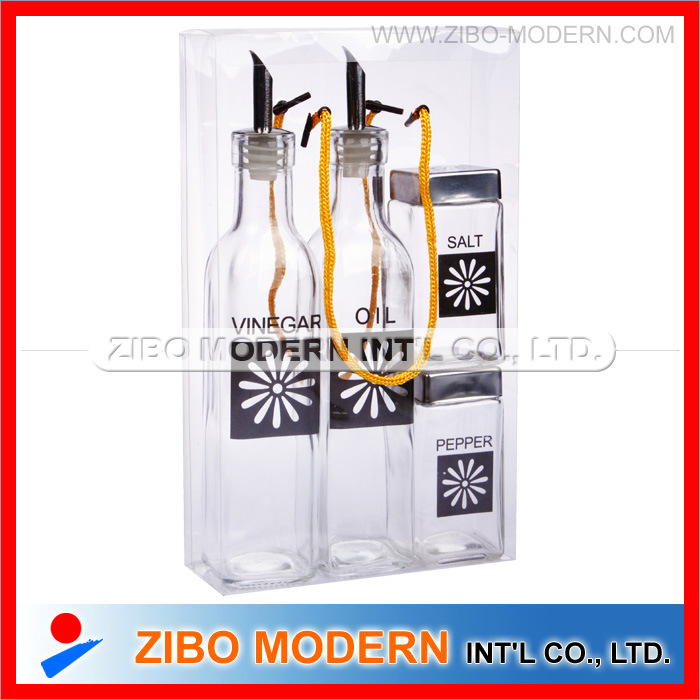 4PC Glass Condiment Set Oil Vinegar Salt Pepper Display Box (GA4250)