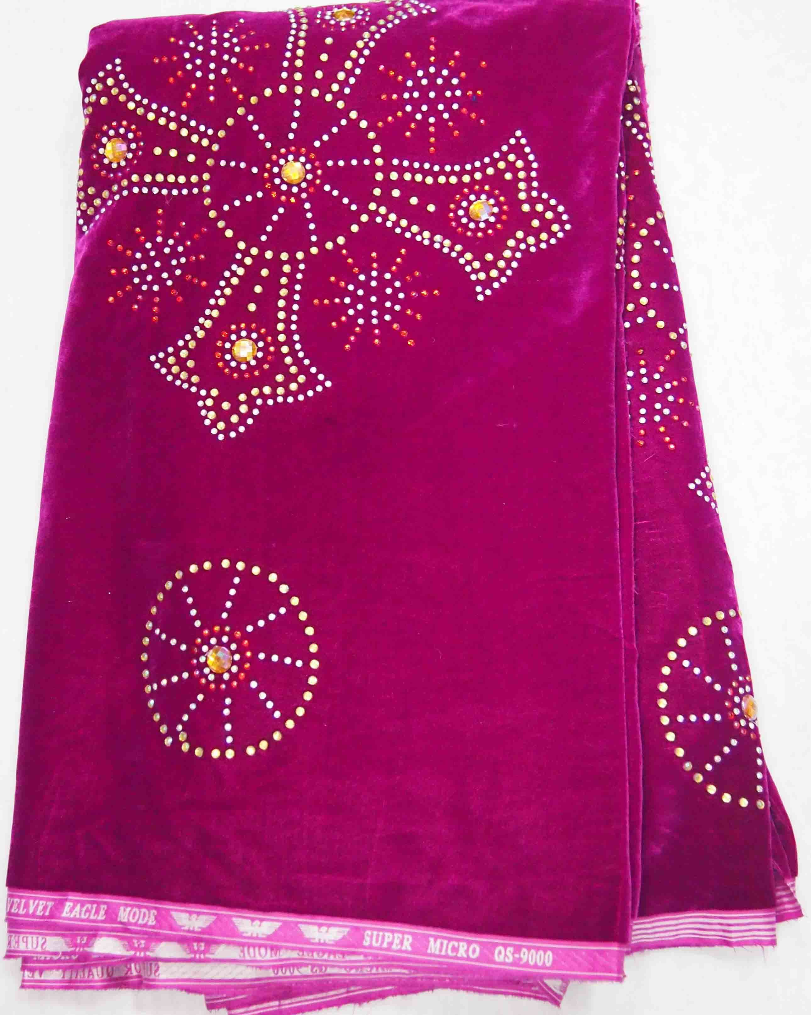 2013 Fashion Velvet Lace Fabric with Crystal Cl4024-Fushia Pink