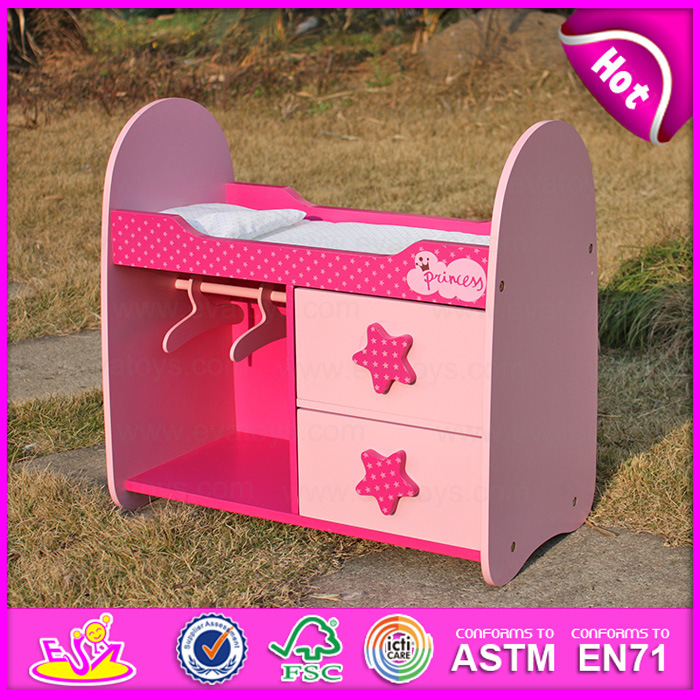 2015 Pink Wooden Doll Bed Toy with Furniture, Best Sell Wooden Doll Bed with Two Cabinet, High Quality Wooden Toy Doll Bed W06b025