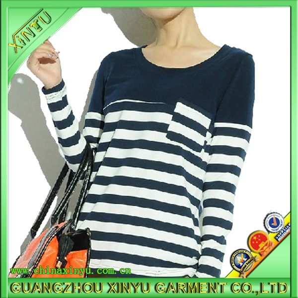2014 Autumn Trend with Women Casual Stripe Tee (customize)