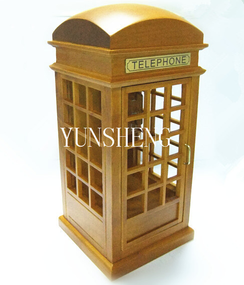 2015 Most Popular Natural Wooden British Phone Booth Metal Tin Music Box Birthday Musical Box Craft (LP-34)