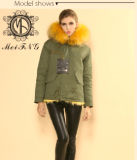 Wholesale Fox Fur Coat Winter Coat Yellow Color with Raccoon Fur Hooded Trim