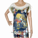 Women Fashion Digital Printed and Strassed T Shirt (HT7024)