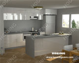 High Gloss Lacquer Kitchen in Grey Color with Quartz Stone Countertop