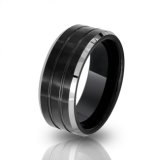 Double Groove Black Mens Silver Beveled Edge Ring