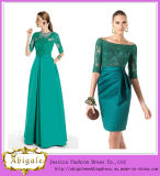 2014 Best Selling Elegant Green Sheath Boat Neck Lace Bodice Satin Long Sleeve Evening Dress Prom Dess (MN1281)