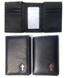 Men's Genuine Leather Trifold Wallet with Metal Cross