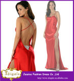 2014 New Arrival Red Satin Side Slit Sexy Backless Prom Dress with Crystals (YC025)