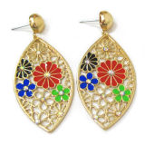Fashion Jewelry Metal Flower Drop Earrings with Nickel-Free Gold Plating and Epoxy, Her-10761A