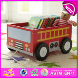 Pull and Push Wooden Bus Storage Cartoon Box for Kids, Best Manufacturer Wooden Toy Storage Box with School Bus Printing W08c127