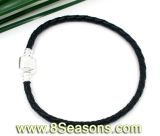Real Leather Braiding Bracelet W/925 Stamped Sterling Silver Imitation Snap Clasp Fit European Charm 20cm (B06372)