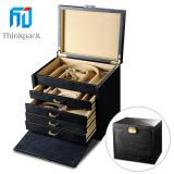 Black Leather Rectangle Multideck Jewelry Box with Hardware