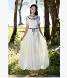 Summer New Women Embroidered Waist Chiffon Vintage Small Fresh White Short-Sleeved Dress Fairy Dress