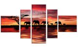 African Elephants Golden Sunset Hand Painted Oil Painting and Canvas Prints 5 Pieces