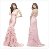 Strapless pink chiffon evening dress