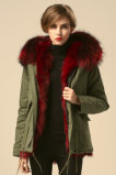 Wholesale Short Jacket Winter Jacket Wine Red Fox Fur Jacket with Raccoon Hooded Trim Short Vest