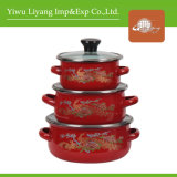 Red Enamel Coated Cookware Pot with Glass Lid Casserole Stock Pot 3 Pieces Set (BY-1101-1)