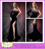 2014 New Designer Sexy Black Sheath Unique Back Crystals Long Sleeve Velvet Evening Dresses with High Side Slit (MN1405)