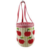 Straw Tote Bag with Apple Embroidery