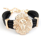 Head of Lion Design Gold Plating Leather Bracelet