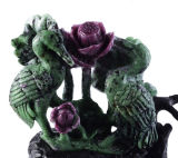 Natural Ruby Zoisite Couple Birds & Lotus Carving #Y27