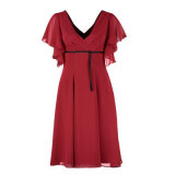 Hot Sale Lady's Polyester Purfle Cuff Red Dress (D270)
