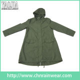 Dark Green PVC/Polyester Coating Adult Long Rain Coat with Hood