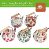 Floral Decal Enamel Teapot 2.5L Ceramic Kettle with Wooden Handle (BY-2804)