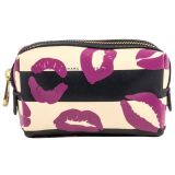 Black and Beige Leather Feel Travel Pink Lips Prints Cosmetic Bag Make up Case
