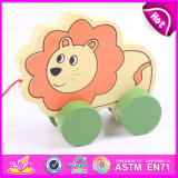 Lovely Animal Lion Pulling Toy Wooden Toy Pulling for Kids, Children Funny Play Wooden Lion Pull Along Cart Toy W05b113