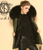 Winter Fur Vest Faux Fur Lining Women Vest with Raccoon Hooded Trim From Fur Parka Factory