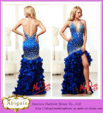 High Quality Custom Made Royal Blue Halter V Neck Backless Beaded Bodice Layered Taffeta Sex 2014 Prom Dress Side Open (MN1603)