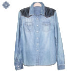 Ladies Long Sleeve Denim Shirt Blouse with Lace (BS-68)