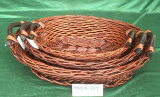 Brown Round Wicker Basket Tray with Wooden Handles (FM05-137)