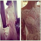 Free Shipping Wedding Dress Celebrity Dress Scoop Long Sleeve Lace Sweep Train Mermaid Custome